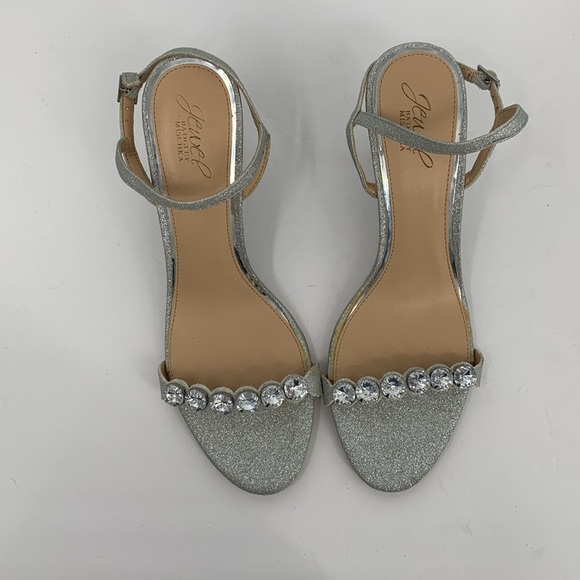 Jewel Badgley Mischka wedge shoe silver metallic glitter clear crystal sandal 11 - Picture 4 of 7
